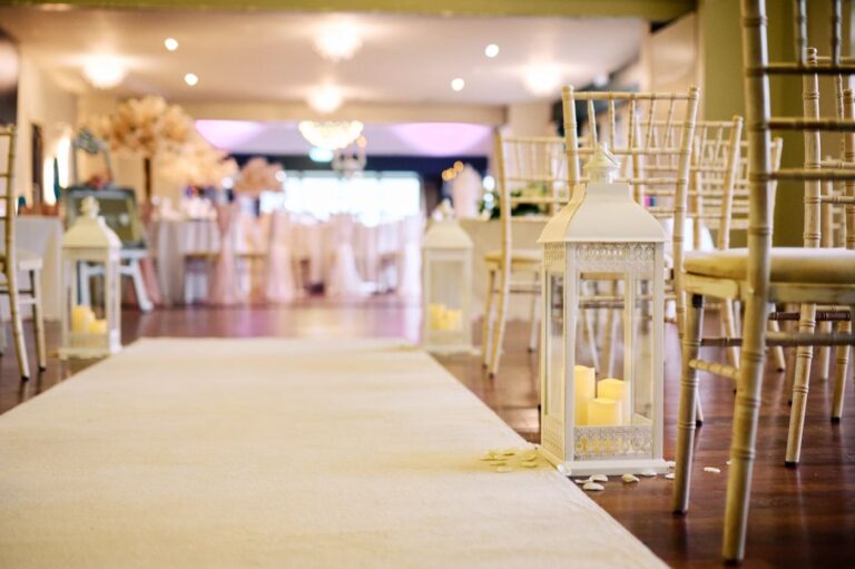 Ceremony aisle with hanging lanterns, Mill Green