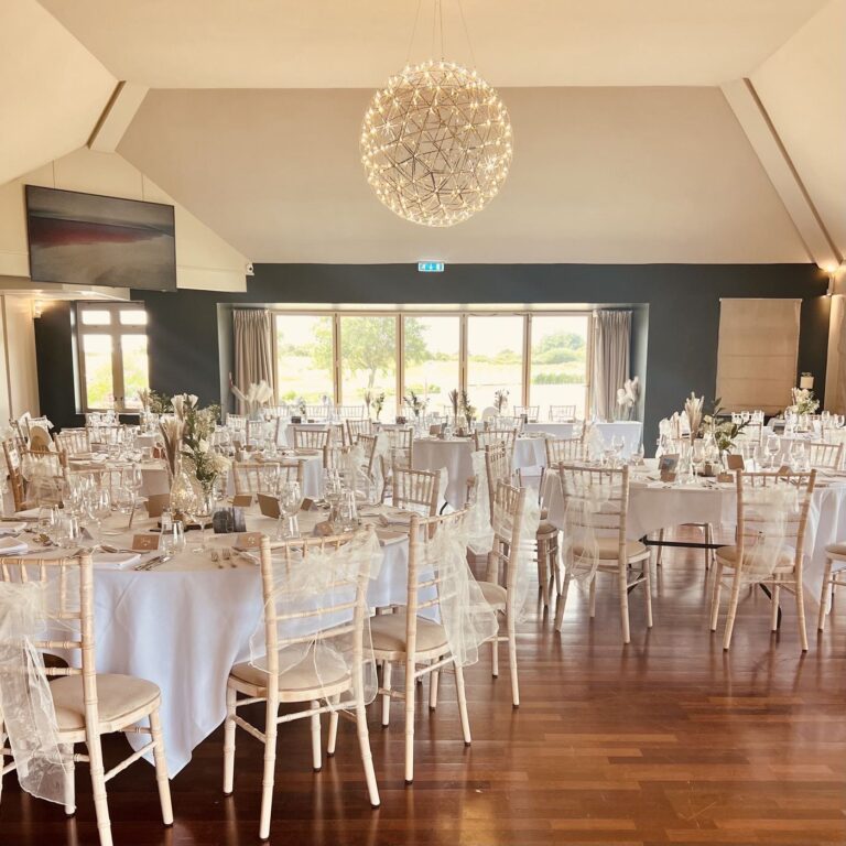 Seated wedding breakfast with lake views, Salisbury Suite